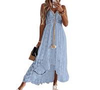 CUPSHE Damen Sommerkleid V Ausschnitt Floral Spitze Quasten Spaghetti Trägerkleid Freizeitkleider Hi-Low Party Boho Beach Maxi Dress Blau XS