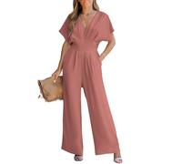 CUPSHE Enterizo de verano para mujer, cuello en V, manga corta Dolman, pierna ancha, traje largo casual para vacaciones, Rosa Roja, L
