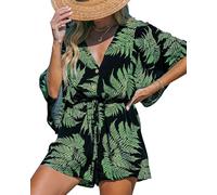 CUPSHE Enterizo para mujer, cuello en V, manga corta, botones, estampado tropical, pierna ancha, corto, con cinturón, informal, holgado, negro/verde, S