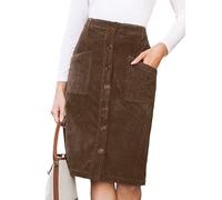 CUPSHE Falda midi de pana para mujer, corte recto, con botones, bolsillos grandes, estilo retro, vintage, tela texturizada cálida, casual y ropa de trabajo para otoño e invierno, Marrón oscuro., L
