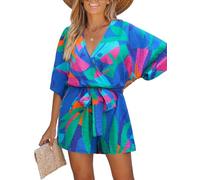 CUPSHE Mameluco corto para mujer, para verano, playa, vacaciones, ajuste holgado, media manga, cuello en V, ropa de resort, tropical, vacaciones, overol corto, Blue Pattern, M