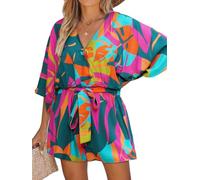 CUPSHE Mameluco corto para mujer, para verano, playa, vacaciones, ajuste holgado, media manga, cuello en V, ropa de resort, tropical, vacaciones, overol corto, Patrón verde, Large