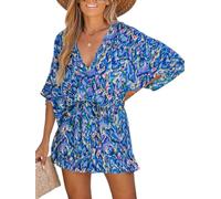 CUPSHE Mameluco corto para mujer, para verano, playa, vacaciones, ajuste holgado, media manga, cuello en V, ropa de resort, tropical, vacaciones, overol corto, Azul, S