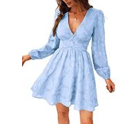 CUPSHE Mini vestido de encaje para mujer Vestido de fiesta con estampado floral de manga larga Vestido ajustado Azul claro A S