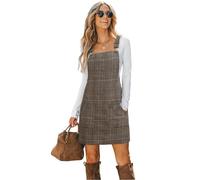 CUPSHE - Mini vestido de pana para mujer, con bolsillo delantero, cuello cuadrado, tirantes anchos, línea A, casual, vestido general de invierno, Cuadros marrones, M