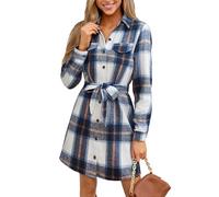 CUPSHE Minivestido de otoño para mujer, con botones, manga larga, a cuadros, con cinturón, casual, corto, acampanado, Cuadros azules, XL