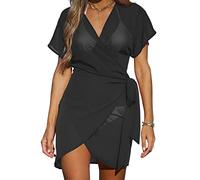 CUPSHE Minivestido para mujer, con cuello en V, para natación, playa, manga corta, sin cierre, mini vestido, Negro, L