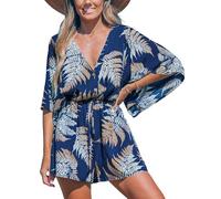 CUPSHE Mono de mujer con cuello en V, manga corta, pelele con botones, estampado tropical, pierna ancha, mono corto con cinturón, informal, suelto, azul oscuro, S