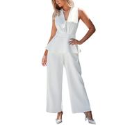 CUPSHE Mono de mujer con cuello en V, sin mangas, con volantes, piernas anchas, malla y diseño en el pecho, elegante, Blanco, L