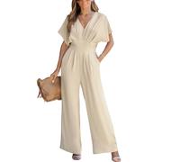 CUPSHE Mono de mujer con escote en V, mangas dolman cortas, overall de pierna ancha, pelele largo, mono de verano elegante, traje pantalón, caqui, S