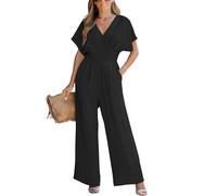 CUPSHE Mono de mujer con escote en V, mangas dolman cortas, overall de pierna ancha, pelele largo, mono de verano elegante, traje pantalón, Negro , M
