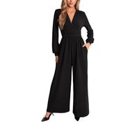 CUPSHE Mono de mujer con escote profundo en V, mangas largas y abullonadas, pierna ancha, elegante y casual, para la oficina, Negro , S
