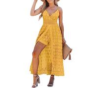 CUPSHE Mono de Mujer con Fruncido Smocking de Verano sin Tirantes Cuello en V Espalda Descubierta Maxi Alto Bajo, Amarillo, Large