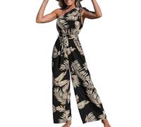 CUPSHE Mono de mujer con un hombro sin mangas, con cordón, tropical, pierna ancha, con cinturón, traje de pantalón suelto de verano, Impresión en negro, M