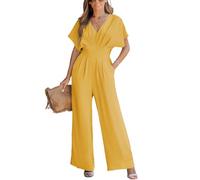 CUPSHE Mono de mujer, largo, con cuello en V, mangas dolman cortas, mono de pierna ancha, elegante, de verano, amarillo, S