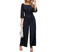 CUPSHE Mono de tela para mujer, escote cuadrado, mangas 3/4, punto smock en la cintura, pierna recta, estilo casual, Negro , L