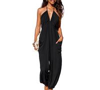 CUPSHE Mono de una pieza para mujer, con cuello en forma de V profundo, espalda descubierta, sin mangas, largo, de pierna ancha, traje de pantalón Playsuit, Negro , S