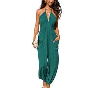 CUPSHE Mono de una pieza para mujer, cuello halter, con escote profundo en V, espalda descubierta, sin mangas, largo, de pierna ancha, traje de pantalón, pavo real, XL
