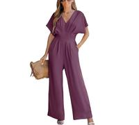 CUPSHE Mono de verano para mujer, con escote en V, mangas cortas, pierna ancha, estilo casual, violeta, M