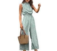 CUPSHE Mono maxi largo con cuello simulado y estampado floral para mujer, sin mangas, pierna recta, Verde Floral, XL