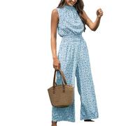 CUPSHE Overol largo floral de verano para mujer con bolsillo, cuello simulado, cintura elástica, pierna ancha, negocios, boda, casual, vacaciones, elegante, Cielo azul floral , Large