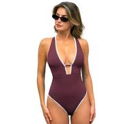 CUPSHE - Traje de baño de una pieza para mujer, con control de abdomen, cuello en V, detalle de recorte, espalda con cruces, textura y parte inferior de estilo cheeky, Borgoña, M