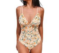CUPSHE Traje de baño de una pieza para mujer, cuello en V, control de abdomen, correas dobles ajustables, abertura en la espalda, junta tórica, Naranja/Amarillo Floral, Large