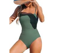 CUPSHE Traje de baño para mujer con escote cuadrado, control de barriga, fruncidos, tirantes, colores contrastantes, bañador de una pieza, verde salvia, M