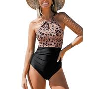 CUPSHE Traje de baño para mujer con escotes ornamentales, fruncido, efecto reductor de barriga, moda de playa, cuello alto, traje de baño de una pieza, XS