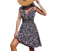 CUPSHE Vestido corto para mujer, cuello en V, estampado floral tropical, sin mangas, tirantes ajustables, casual, acampanado, para vacaciones de verano, Azul marino (Navy Ditsy), M