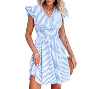 CUPSHE Vestido corto para mujer, cuello en V, manga con vuelo, a rayas, cintura fruncida, acampanado, vestido corto de cóctel de verano, Raya azul, XS