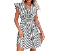 CUPSHE Vestido corto para mujer, cuello en V, manga con vuelo, a rayas, cintura fruncida, acampanado, vestido corto de cóctel de verano, Franjas negras, M