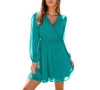 CUPSHE Vestido corto para mujer, estilo casual, con cuello en V, de gasa, mangas largas campesinas, vestido de verano, verde azulado, Large