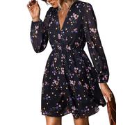 CUPSHE Vestido corto para mujer, estilo casual, con cuello en V, de gasa, mangas largas campesinas, vestido de verano, negro, (Black Ditsy), M