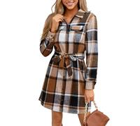 CUPSHE - Vestido de camisa a cuadros para mujer, con cuello en V, manga larga, botones, para otoño e invierno, vestidos de ocio, mini vestido, Marrón, caqui, S