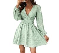 CUPSHE Vestido de mujer con escote en V, botones, manga larga, floral, con encaje, línea A, vestido casual elegante, de fiesta, mini vestido, verde claro, M