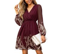 CUPSHE Vestido de mujer de gasa con estampado floral, de línea A, mini, mangas elásticas largas estilo campesino para el otoño, L