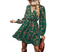 CUPSHE Vestido de mujer de gasa con estampado floral, línea A, mini, mangas largas elásticas, estilo campesino, de otoño, Floral Verde, S