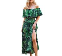 CUPSHE Vestido de mujer de verano con forma de vestido de hombros descubiertos largo maxi con volantes ajustado en la cintura con estampado tropical, verde, XS