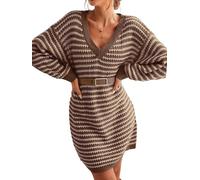 CUPSHE Vestido de suéter casual con cuello en V para mujer, de punto acanalado, manga larga, con patrón de rayas, Café, Large