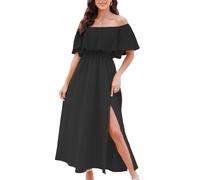 CUPSHE Vestido de verano para mujer, con forma de A, hombros descubiertos, manga larga, con volantes, cintura ajustada, estampado tropical, Negro, L