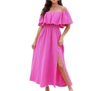 CUPSHE Vestido de verano para mujer, con hombros descubiertos, maxi largo, con volantes y estampado tropical, fucsia, L
