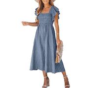 CUPSHE Vestido de verano para mujer, cuello cuadrado, mangas con volantes, a rayas, línea A, vestido largo ahumado, vestido informal, Acero azul., XS