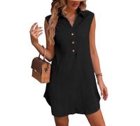 CUPSHE Vestido de verano para mujer, cuello en V, sin mangas, botones frontales, acampanado, dobladillo curvado, mini vestidos de verano, Negro -, Large