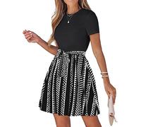 CUPSHE Vestido de Verano para Mujer, Cuello Redondo, Manga Corta, Cintura, Lazo, patrón geométrico, Vestido Camisero, Vestidos Casuales, Minivestido Tipo túnica, Negro, L