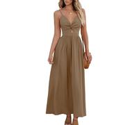 CUPSHE Vestido de verano para mujer, estilo bohemio, cuello en V, sin mangas, vestido de pie, con torsión frontal, vestido informal para vacaciones, maxi vestido, marrón, XL