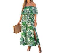CUPSHE Vestido de verano para mujer, sin mangas, con escote en off-shoulder, cintura con volantes, abertura lateral, estampado tropical, vestido largo de playa, verde claro, S