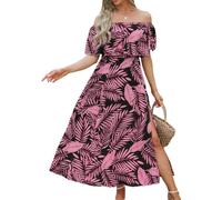 CUPSHE Vestido largo de verano para mujer, con volantes, hombros descubiertos, manga corta, espalda descubierta, corpiño con volantes, dobladillo con abertura, vestidos de playa, Negro (black Leaf), S