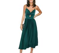 CUPSHE Vestido largo para mujer, de satén, cuello en V, recortado, sin mangas, plisado, con torcedura frontal, largo, elegante, vestido de fiesta acampanado, verde, XL