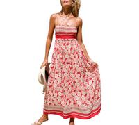 CUPSHE Vestido largo para mujer, floral, fruncido, sin mangas, con volantes, tirantes delgados, vestido formal largo para la playa, Rojo Tropical, Large